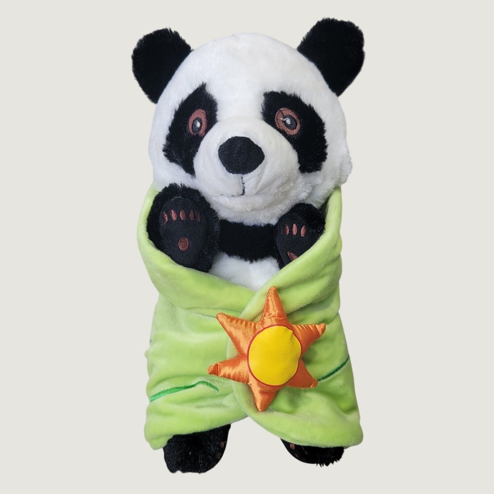 Disney Parks Panda Babies Plush Soft Toy Green Leaf Swaddle Sun Wrap Black White